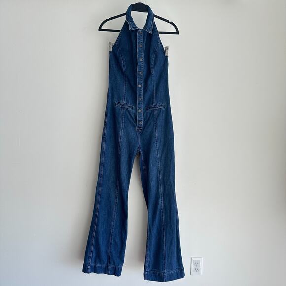 Free People Denim Jumpsuit 8 Blue Flared Halter One Piece Low Back 70s Retro - Picture 4 of 11